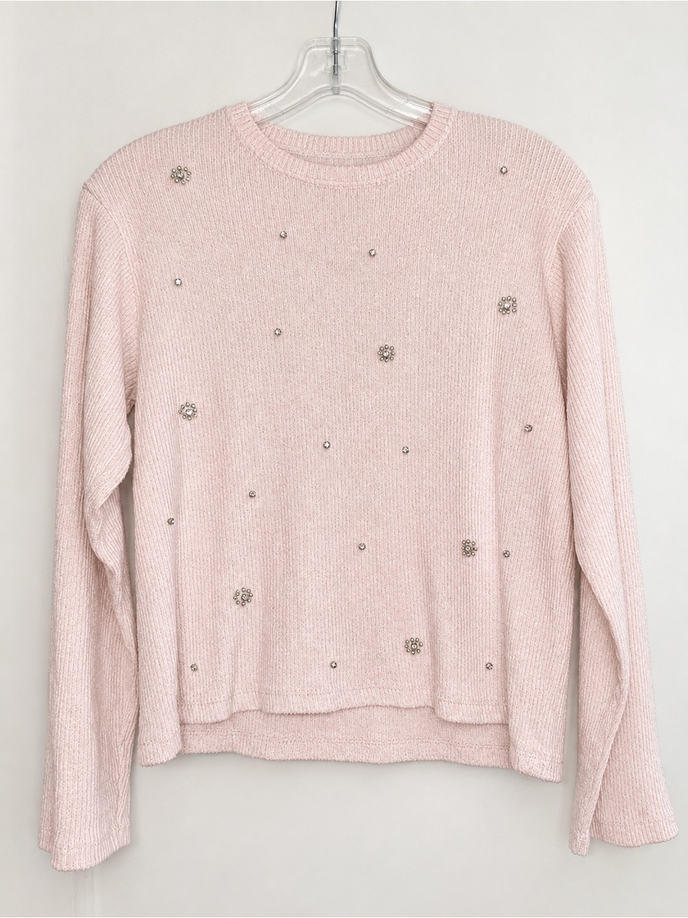 ZARA Women’s Pale Pink Crewneck Sweater with Rhinestone Accents - Size 11-12